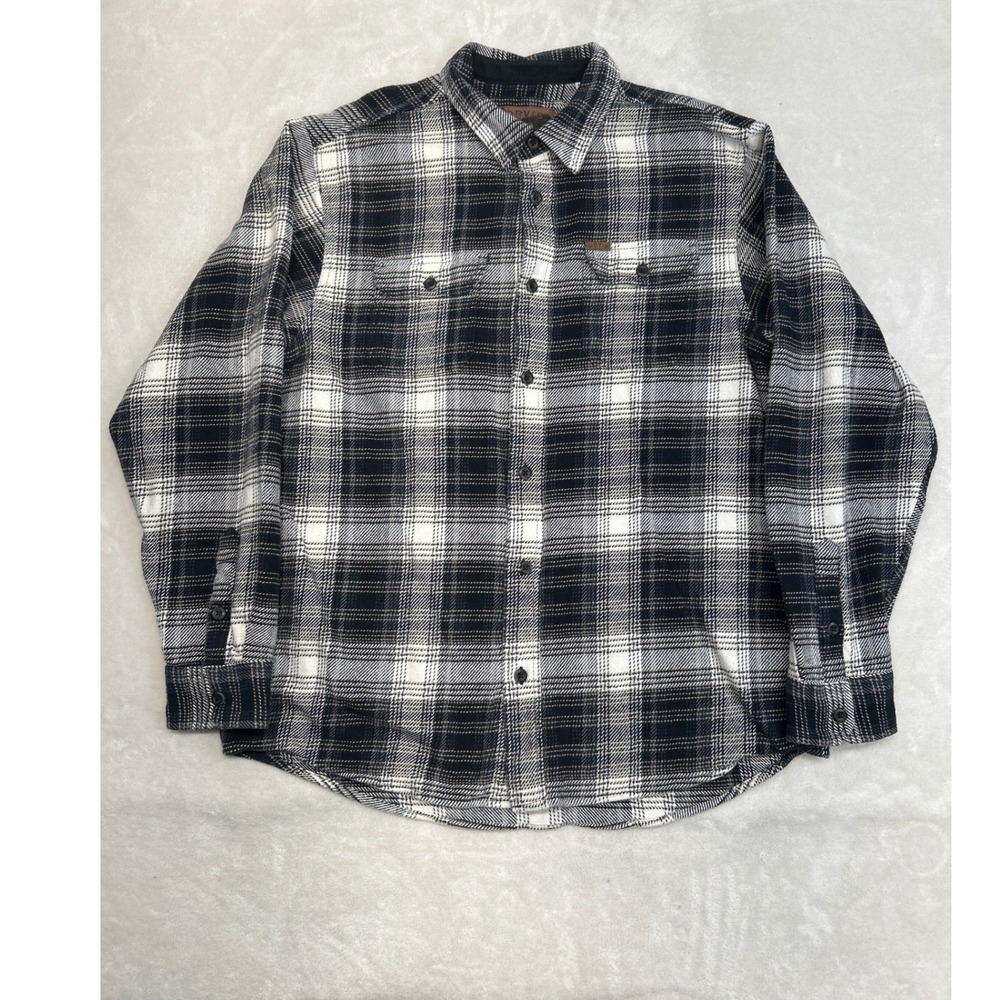 Orvis Flannel Shirt Jacket Mens XL Black White Plaid Pockets Cotton Cabin Heavy